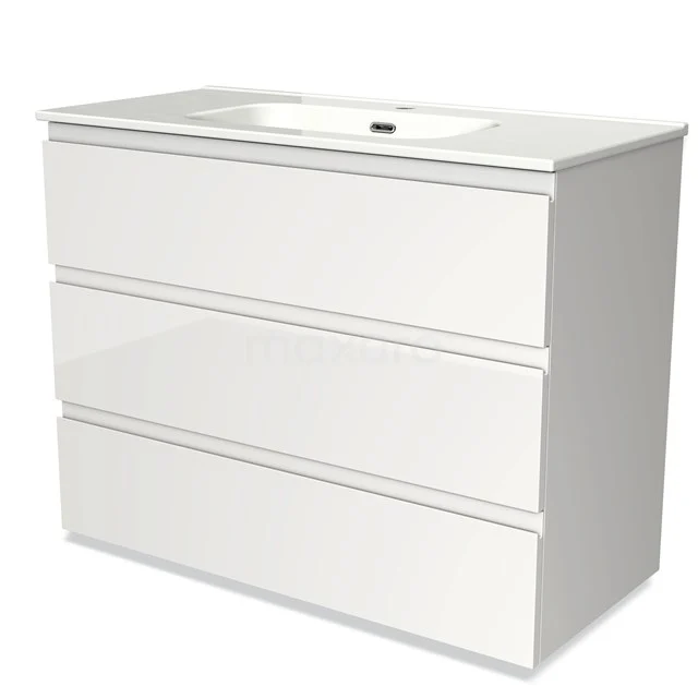 White bathroom unit with three fold-out drawers, high-gloss finish, and integrated ceramic vanity units with basin.