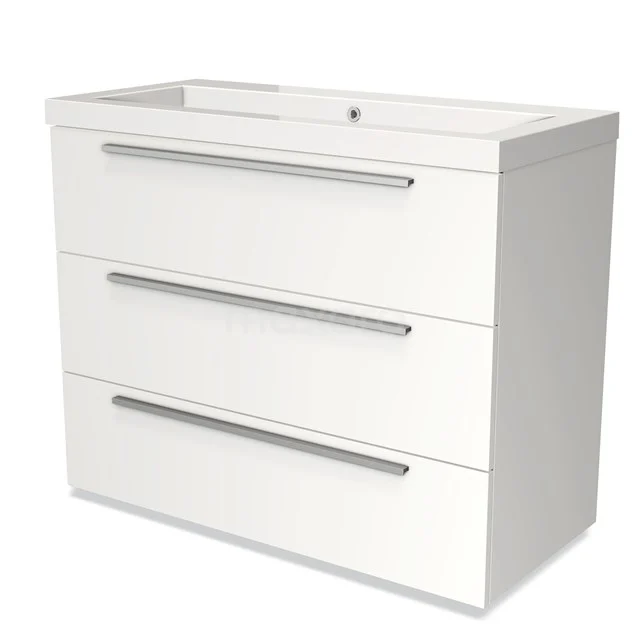Witte badkamermeubel met drie lades, strakke handgrepen en modern design, gemaakt van hoogwaardig materiaal.