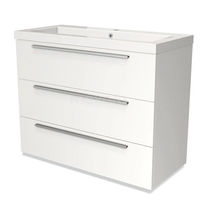 Modulo Bathroom furniture with sink | 100 cm Matte white Flat front Mineral marble 3 drawers BMW19-00695 White bathroom unit with three drawers and chrome handles, modern design, ideal for stylish and practical bathroom storage.