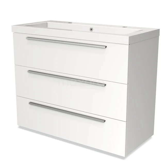 Witte badkamermeubel met drie grote lades, strak design en geïntegreerde wastafel, ideaal voor moderne badkamers.