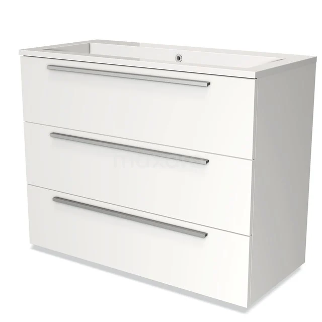 Wit badkamermeubel met drie lades, slanke zilverkleurige handgrepen en een geïntegreerde wastafel, modern en strak design.