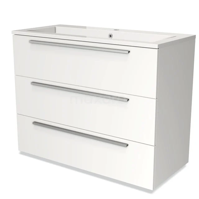 Wit badkamermeubel met 3 lades, modern design, metalen grepen en geïntegreerde wastafel, ideaal voor een strakke badkamer.