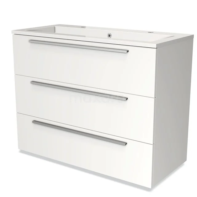 White bathroom unit with 3 drawers, sleek silver handles and built-in vanity units with basin, modern design.