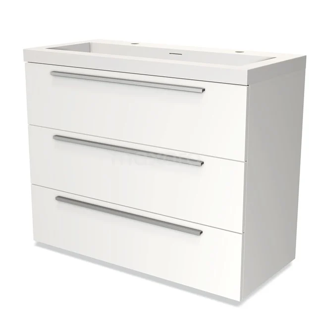 Wit badkamermeubel met drie lades en chroomkleurige handgrepen, ideaal voor moderne badkamers, gemaakt van duurzaam MDF.