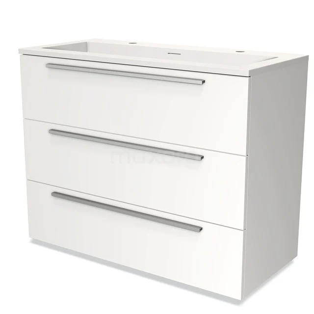 Wit badkamermeubel met drie lades, strak design, gemaakt van hoogwaardig MDF, perfect voor moderne badkamers.