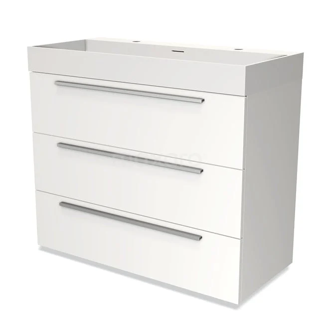 White bathroom cabinet with three drawers and sleek metal handles, ideal for stylish storage space in the bathroom.