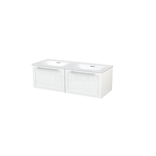 White double bathroom unit with clean lines, two sinks and soft-close drawers, ideal for modern bathrooms.