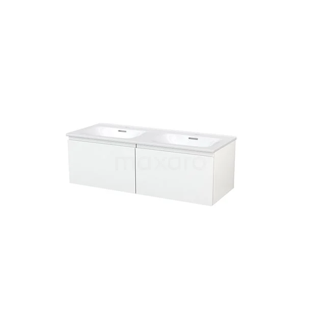 White double vanity unit with sleek design, two sinks and soft-close drawers, ideal for modern bathrooms.