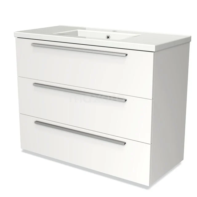 Badmöbel 100cm Modulo Matt Weiß 3 Schubladen Flaches Waschbecken Keramik BMW19-00705 Weißes Badezimmermöbel mit drei breiten Schubladen, metallischen Haltegriffen und integriertem Waschbecken, schlankes Design für moderne Bäder.