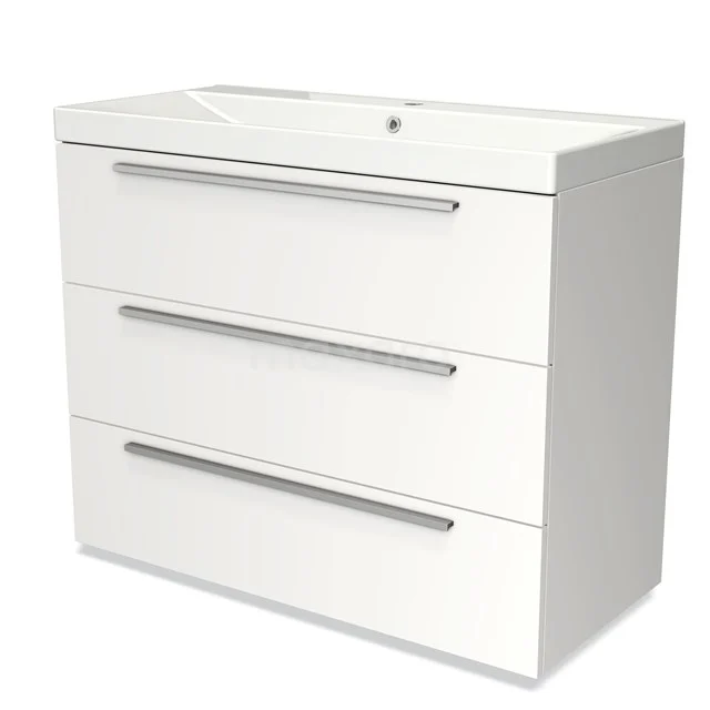 Weißer Badschrank mit drei Schubladen und integriertem Waschbecken, hergestellt aus hochwertigem Material für moderne Badezimmergestaltung.