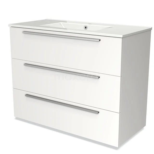 Witte badkamerkast met drie lades, strak design en geïntegreerde wastafel, ideaal voor moderne badkamers.