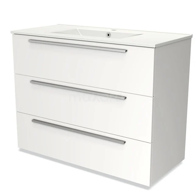 White bathroom unit with three drawers, modern look and integrated vanity units with basin, ideal for stylish bathroom storage.