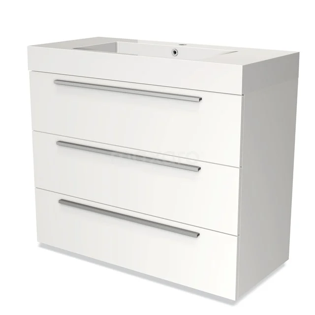 Witte badkamerkast met drie lades en metalen handgrepen, modern design, geschikt voor een praktische en stijlvolle badkamer.