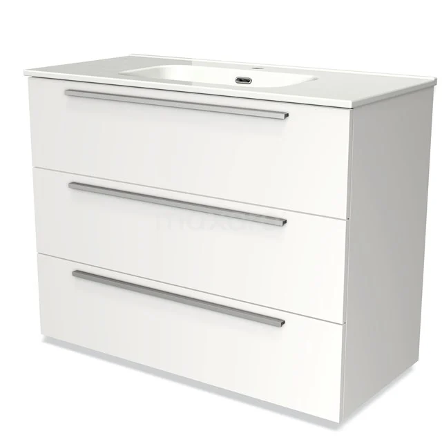 Wit badkamermeubel met drie lades, moderne stijl, voorzien van geïntegreerde wastafel en strakke metalen handgrepen.