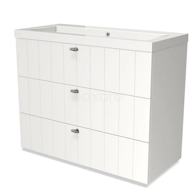 White vanity unit with vertical grooves, three drawers and a ceramic basin, ideal for modern bathroom design.