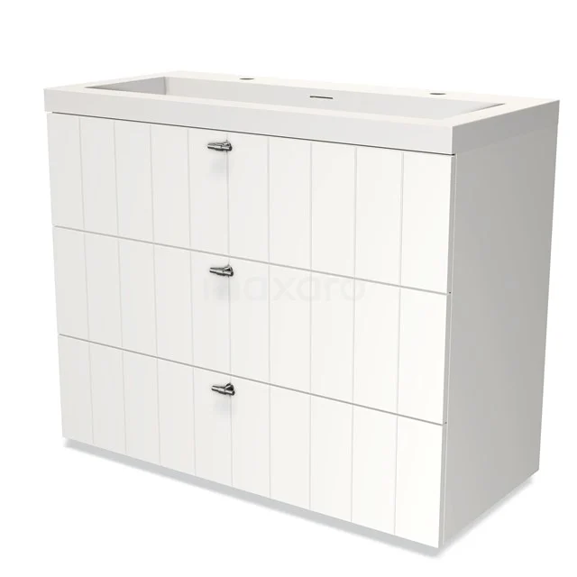 Modulo Bathroom furniture with sink | 100 cm Matte white Slat front Solid surface 3 drawers BMW19-00720 White wooden bathroom unit with three drawers and a modern design, ideal for bathroom storage and stylish decor.