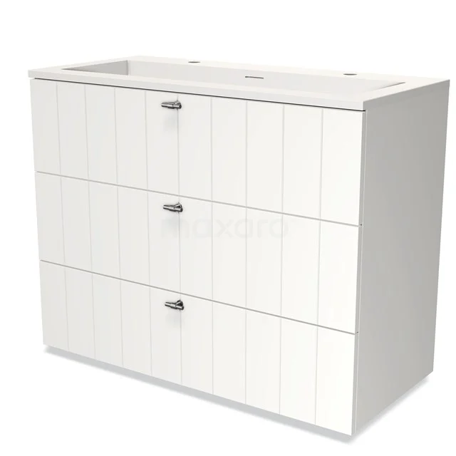 Modulo Bathroom furniture with sink | 100 cm Matte white Slat front Solid surface 3 drawers BMW19-00722 White bathroom cabinet with three drawers, vertical lines and metal handles, perfect for modern bathroom storage.