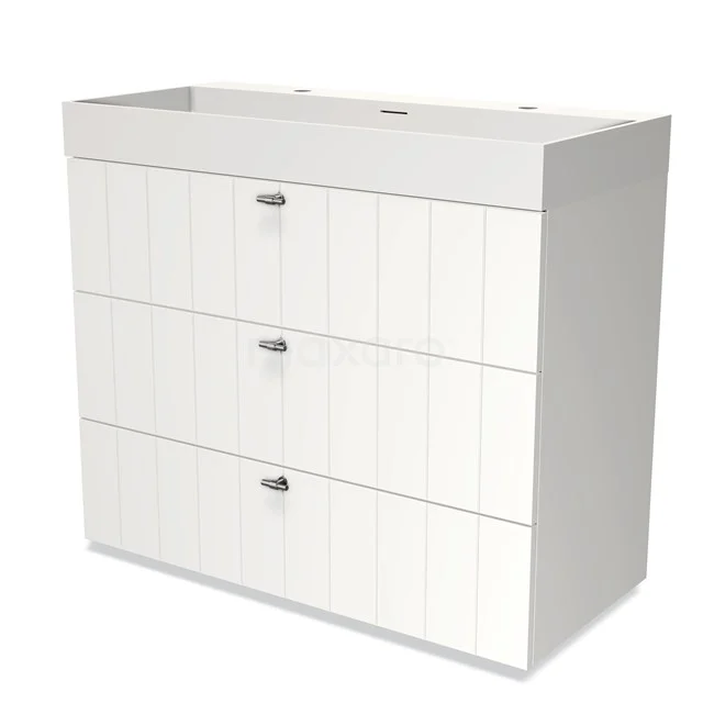 White wooden bathroom unit with three drawers and vertical grooves, ideal for storage space in modern bathrooms.