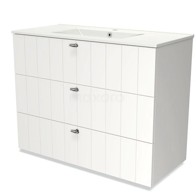 White bathroom unit with three drawers, vertical lines and ceramic basin, ideal for modern bathroom storage.