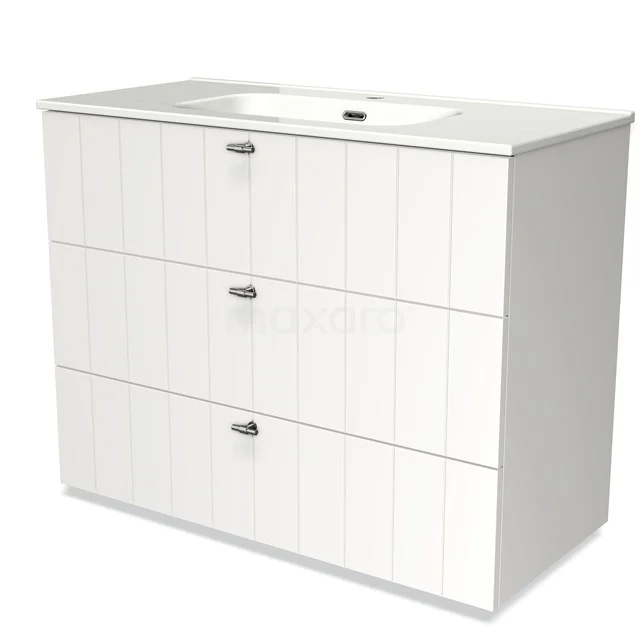 White bathroom furniture set with three drawers, vertical lines and integrated basin, stylish and functional design.