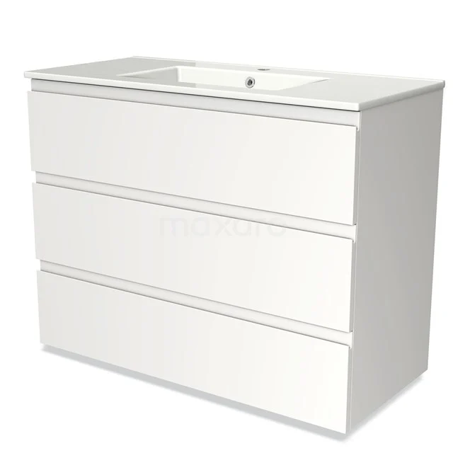 White vanity unit with three drawers, sleek design, ideal for a modern bathroom.