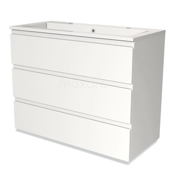 Witte badkamerkast met drie lades, modern ontwerp, hangend model, geschikt voor wastafels, gladde afwerking.