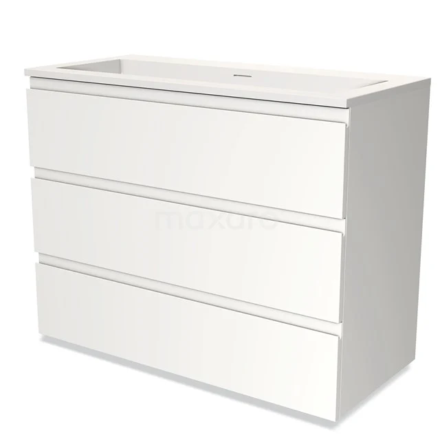 Modern white vanity unit with three drawers, suitable for bathroom storage, made of high-quality materials.