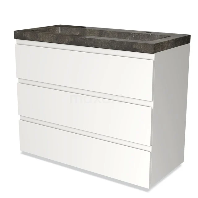 Badmöbel 100cm Modulo Matt Weiß 3 Schubladen Griffloses Waschbecken Naturstein Blue Stone BMW19-00743 Weißer Badschrank mit drei Schubladen und einer dunklen Naturstein Waschtischplatte, ideal für modernes Badezimmerinterieur.