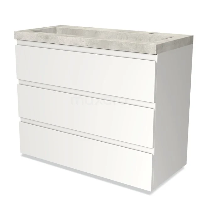 Witte badkamermeubel met 3 lades en betonnen wastafelblad, strak en modern design, ideaal voor opbergruimte in de badkamer.
