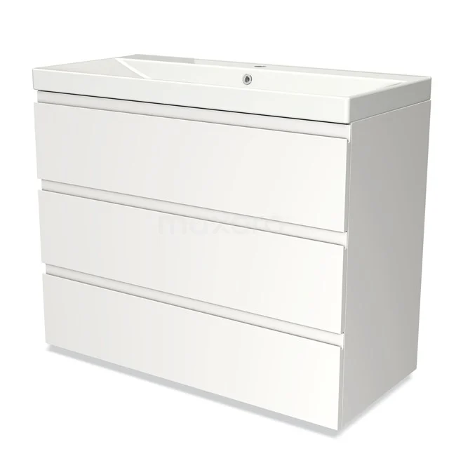 White bathroom furniture set with three drawers and built-in basin, sleek design made of high-gloss white materials.