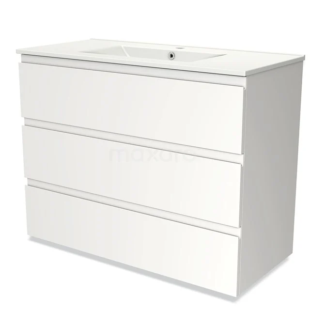 Wit badkamermeubel met wastafel, drie greeploze lades en strak design; ideaal voor moderne badkameropslag.