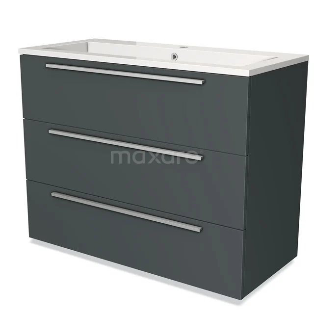 Anthracite-grey bathroom furniture set with three drawers and a ceramic basin, sleek modern design.