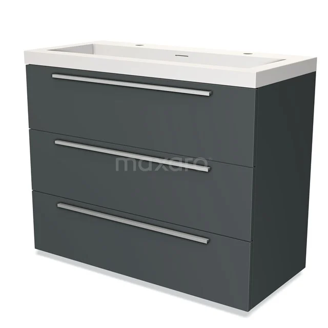 Grijze badkamermeubel set met drie lades, strakke witte wastafel, modern design, ideaal voor opbergen in de badkamer.