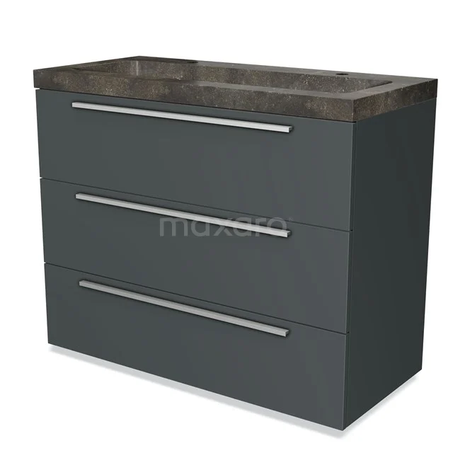 Anthracite bathroom unit with three drawers, natural stone basin worktop and sleek stainless steel handles for modern bathrooms.