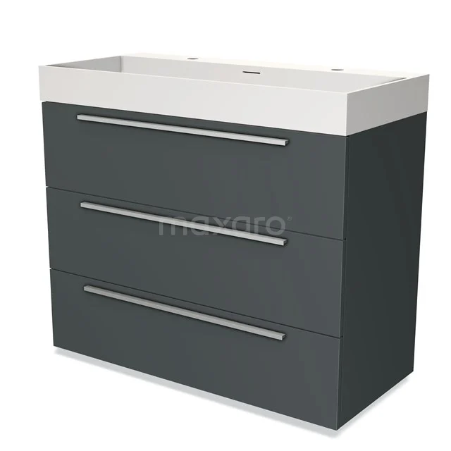 Donkergrijze badkamermeubel met drie lades en een witte wastafel, modern design, perfect voor een stijlvolle badkamer.
