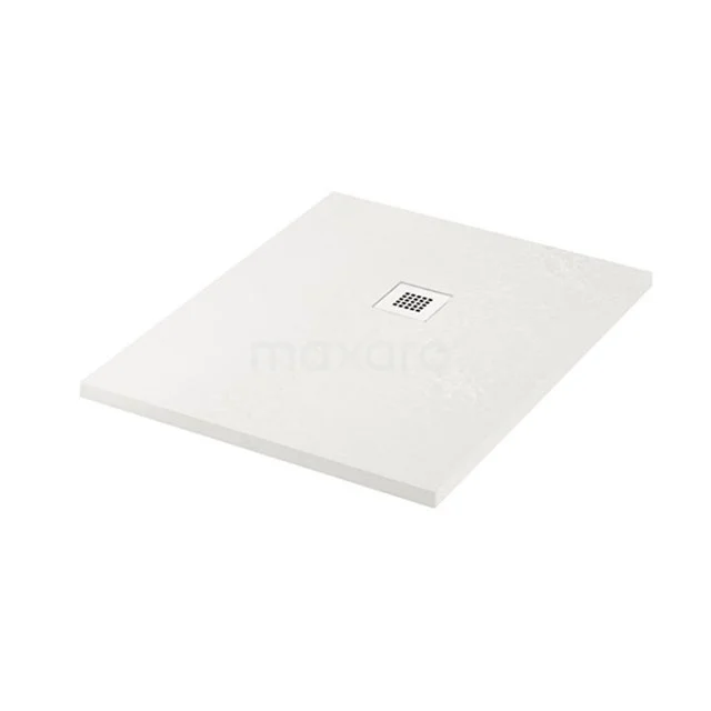 Rechteckige weiße Kunststoff-Duschwanne mit zentralem Ablauf, ideal für eine moderne Badezimmergestaltung.