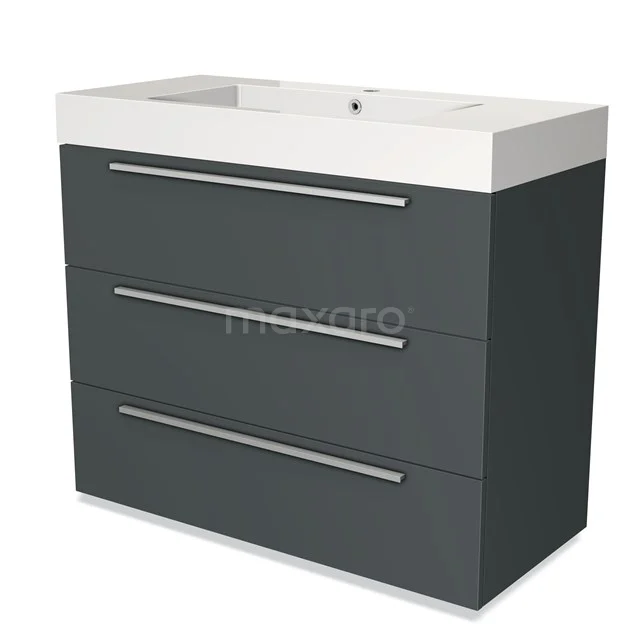 Moderne grijze badkamermeubelset met drie lades, metalen handgrepen en wit wastafelblad.