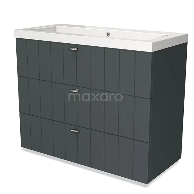 Donkergrijze badkamermeubel met drie ladegrepen, strakke lijnen en witte wasbak, ideaal voor moderne badkamerinrichting.