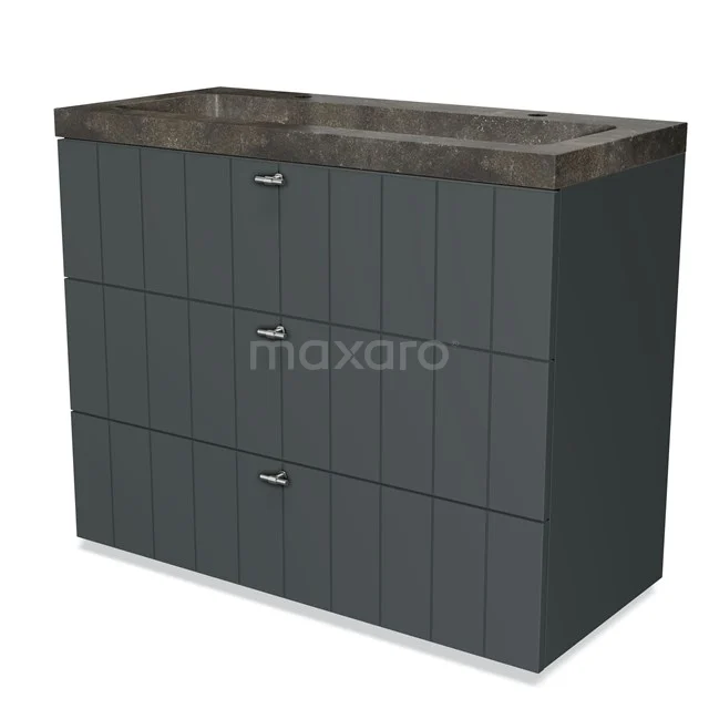 Grey vanity unit with chest of drawers, matte black stripes and stone-look basin worktop, perfect for a modern bathroom.