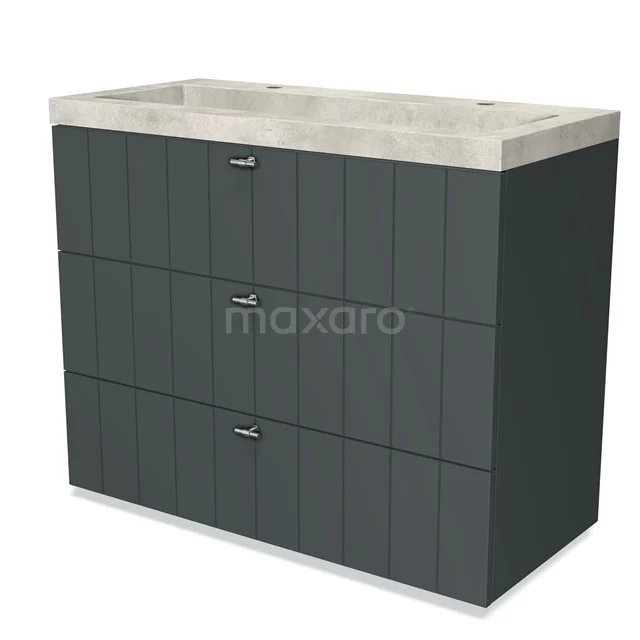 Grey bathroom furniture set with three vertical drawers, stone basin worktop and modern metal handles, ideal for sleek bathrooms.