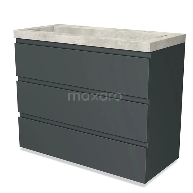 Dark grey vanity unit with three drawers and a light grey concrete sink, ideal for a modern bathroom style.