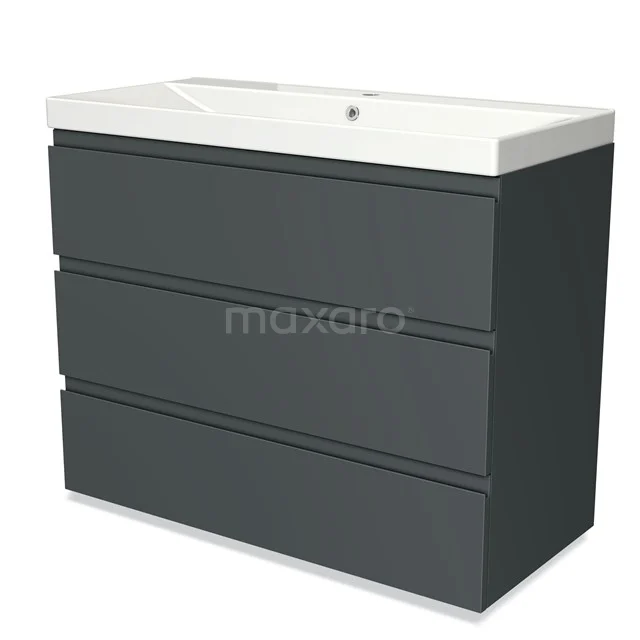 Anthracite-grey bathroom cabinet with three drawers, ceramic basin and sleek modern design. Perfect for bathroom storage.