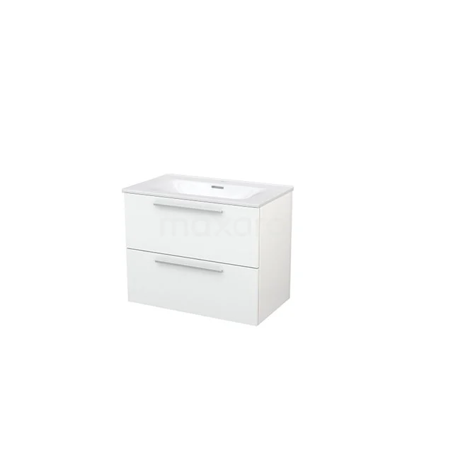 White Bathroom unit with base unit, two drawers and integrated vanity units with basin in modern style, perfect for compact bathrooms.