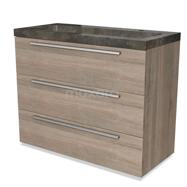Wooden bathroom unit with three drawers and a stone basin worktop, modern design and practical storage space.