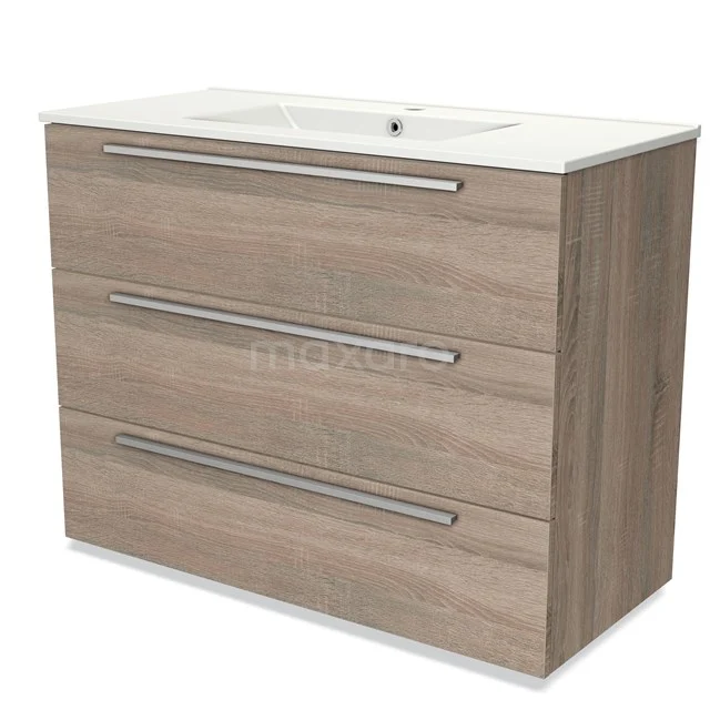 Wooden bathroom cabinet with basin, three wide drawers and sleek design, ideal for stylish bathroom storage.