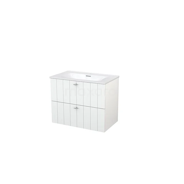 White bathroom unit with double chest of drawers, vertical lines and ceramic sink, ideal for modern bathroom layouts.
