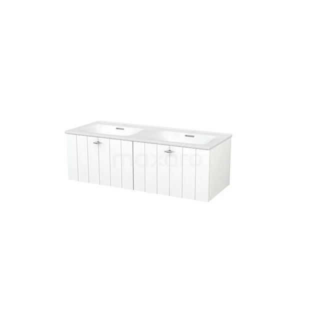 White double basin furniture set with built-in ceramic basins, modern design, ideal for spacious bathrooms.