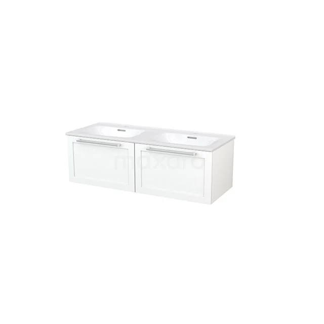 White double vanity unit with clean design, ideal for contemporary bathrooms; made of durable materials.