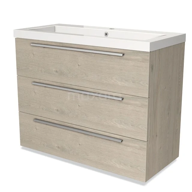 Oak bathroom unit with 3 drawers, sleek metal handles and white ceramic basin for a modern bathroom.