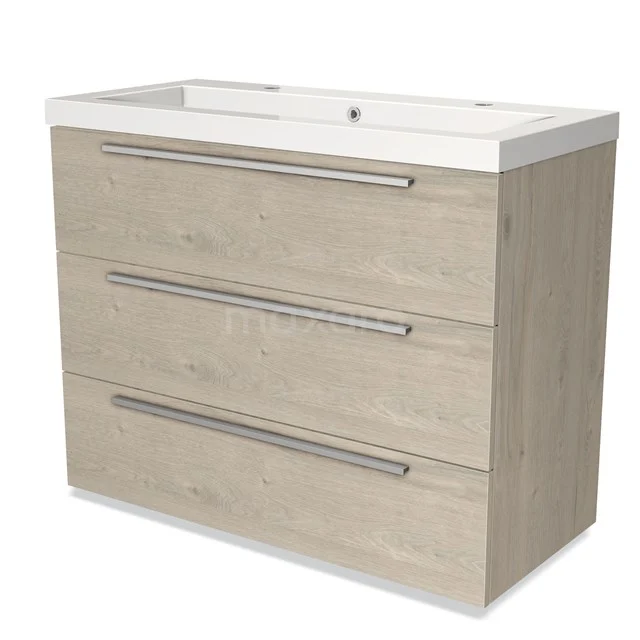 Wooden bathroom unit with three drawers and white vanity units with basin, modern design, ideal for storage space and a stylish bathroom.